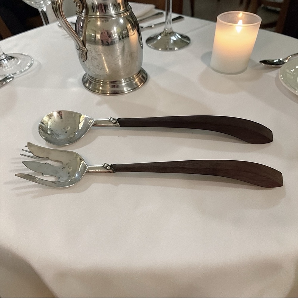 Mid-Century Sterling Silver Salad Servers Wood Handle 13” Plata Mexico‎ DF